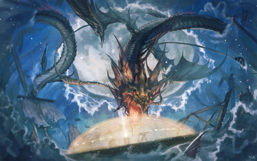 1other artist_name boat boss_fight energy_barrier final_fantasy final_fantasy_xiv fins head_fins highres leviathan_(final_fantasy) mixed-language_commentary monster oca ocean open_mouth red_eyes sea_serpent sharp_teeth signature spines teeth water watercraft waves wings