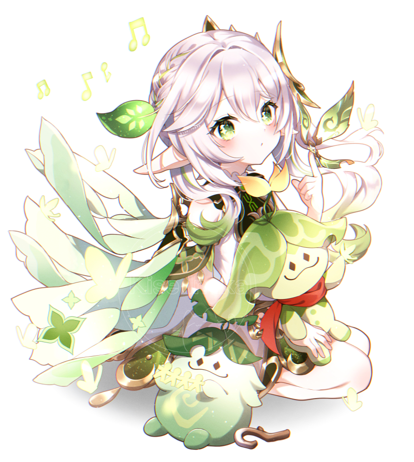 1girl absurdres aranara_(genshin_impact) bare_shoulders blush cape closed_mouth commentary_request cross-shaped_pupils crystalfly_(genshin_impact) detached_sleeves dress full_body genshin_impact gold_trim gradient_hair green_cape green_eyes green_hair hair_between_eyes hair_ornament hand_up highres kise_inaka leaf leaf_hair_ornament long_hair looking_at_viewer multicolored_hair nahida_(genshin_impact) pointy_ears seiza side_ponytail simple_background sitting sleeveless sleeveless_dress symbol-shaped_pupils white_background white_hair