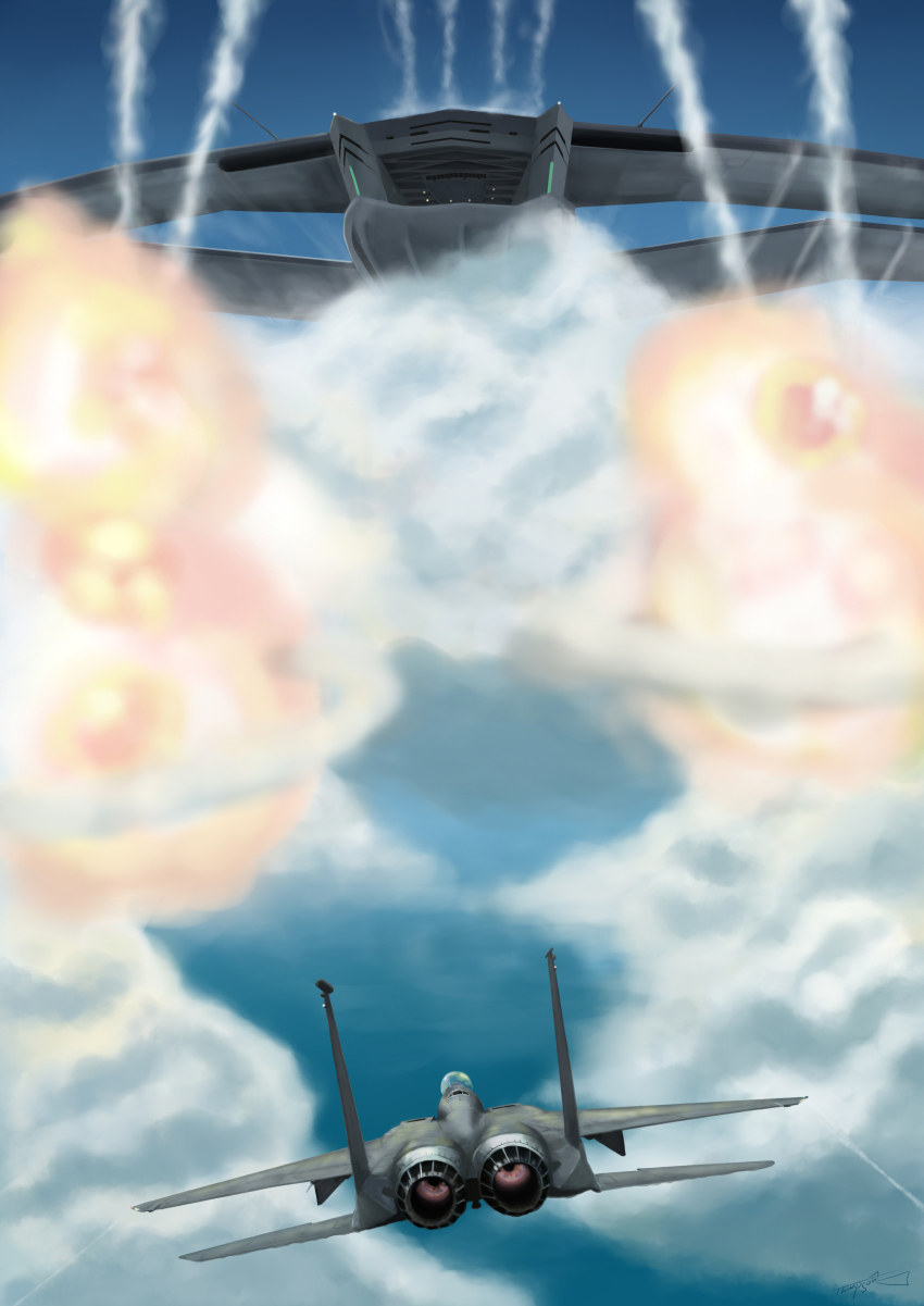 absurdres ace_combat ace_combat_6 aircraft airplane cloud contrail explosion f-15 f-15_eagle flying_boat garuda_1 highres jet military no_humans ocean p-1112_aigaion seaplane shingeki_no_kyojin signature sky smoke thompson_(solowingfh) vehicle_focus