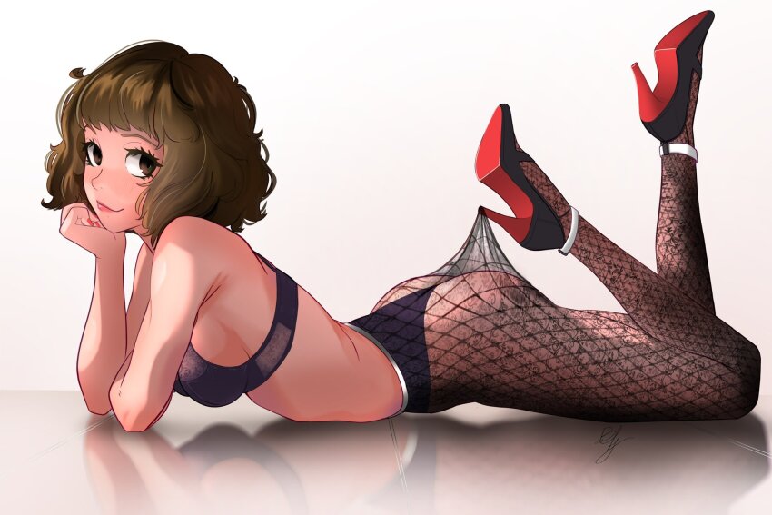 1girl ass black_bra black_panties blysill bra breasts brown_eyes brown_hair closed_mouth elbow_rest fishnet_pantyhose fishnets from_side high_heels highres kawakami_sadayo lace_pantyhose_hooked_on_heel_(meme) lips looking_at_viewer lying medium_breasts meme on_stomach panties pantyhose persona persona_5 red_nails reflective_floor short_hair solo underwear