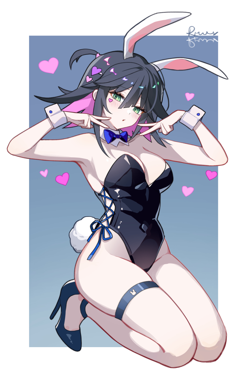1girl abigail_(black_survival) absurdres alternate_costume animal_ears armpits arms_up bare_legs bare_shoulders black_hair black_high_heels black_leotard black_survival bow bowtie breasts cleavage colored_inner_hair covered_navel detached_collar double_v eternal_return:_black_survival facial_mark fake_animal_ears fake_tail green_eyes head_tilt heart high_heels highleg highleg_leotard highres kneeling leotard looking_at_viewer medium_breasts multicolored_hair one_side_up parted_lips pink_hair playboy_bunny rabbit_ears rabbit_tail short_hair side-tie_leotard sideless_leotard sideless_outfit skindentation solo strapless strapless_leotard tail thigh_strap thighs tianqing_mw two-tone_hair v wrist_cuffs