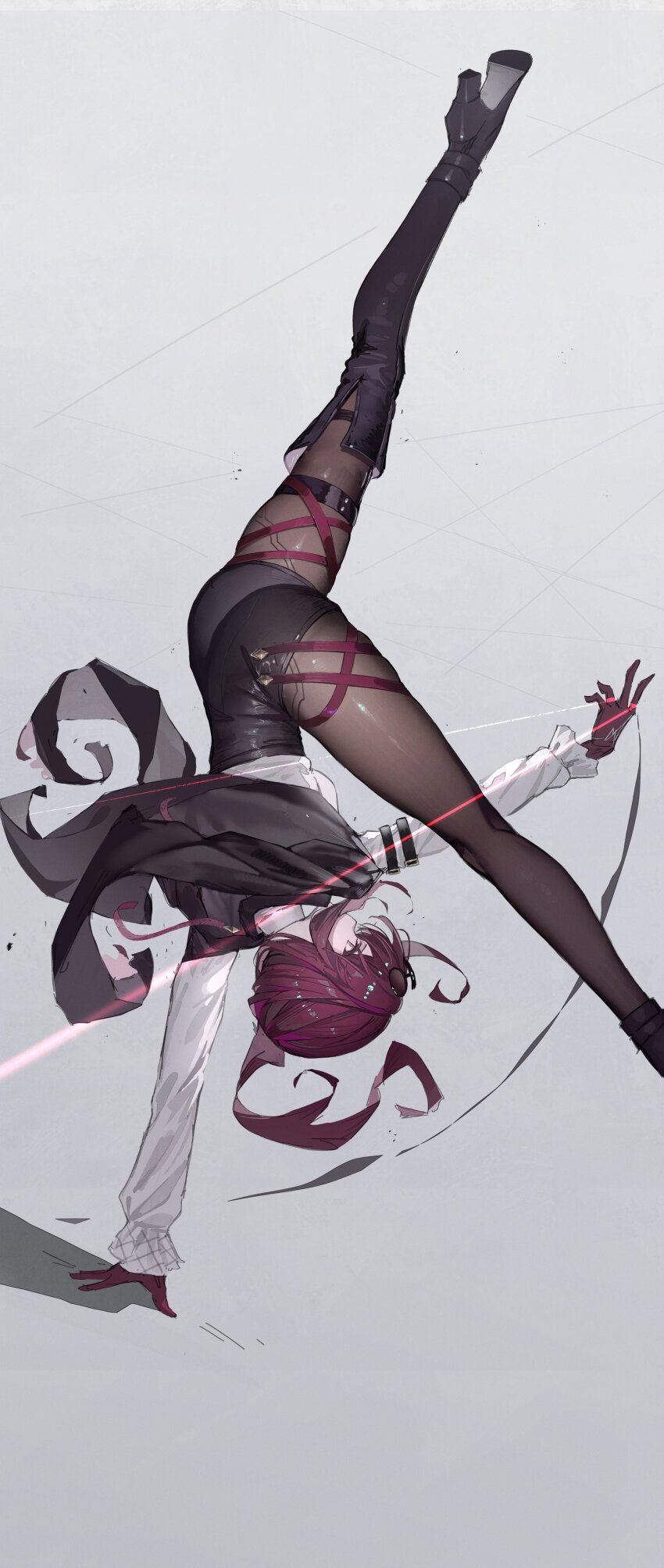 1girl absurdres arm_belt ass asymmetrical_footwear belt black_belt black_boots black_gloves black_jacket black_leotard boots floating_clothes floating_hair frilled_sleeves frills full_body gloves grey_background grey_pantyhose handstand hidulume high_heel_boots high_heels highres honkai:_star_rail honkai_(series) jacket jacket_on_shoulders kafka_(honkai:_star_rail) kicking leg_belt leotard leotard_under_clothes long_hair long_sleeves low_twintails multiple_belts one_arm_handstand pantyhose pink_hair see-through_pantyhose shirt simple_background solo thigh_boots tight_clothes twintails upside-down white_shirt