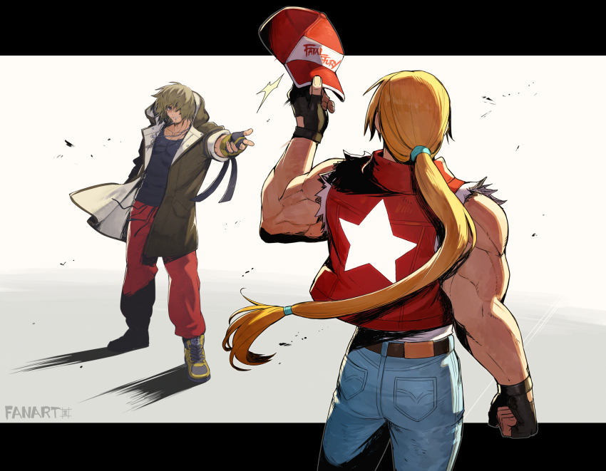 2boys bad_tag baseball_cap beard_stubble blonde_hair boots crossover facial_hair fatal_fury fingerless_gloves from_behind gloves hat highres jacket jewelry kuroi_susumu long_hair low-tied_long_hair multiple_boys muscular muscular_male necklace open_clothes open_jacket pants ponytail red_pants standing star_(symbol) star_print street_fighter street_fighter_6 stubble terry_bogard torn_clothes torn_sleeves
