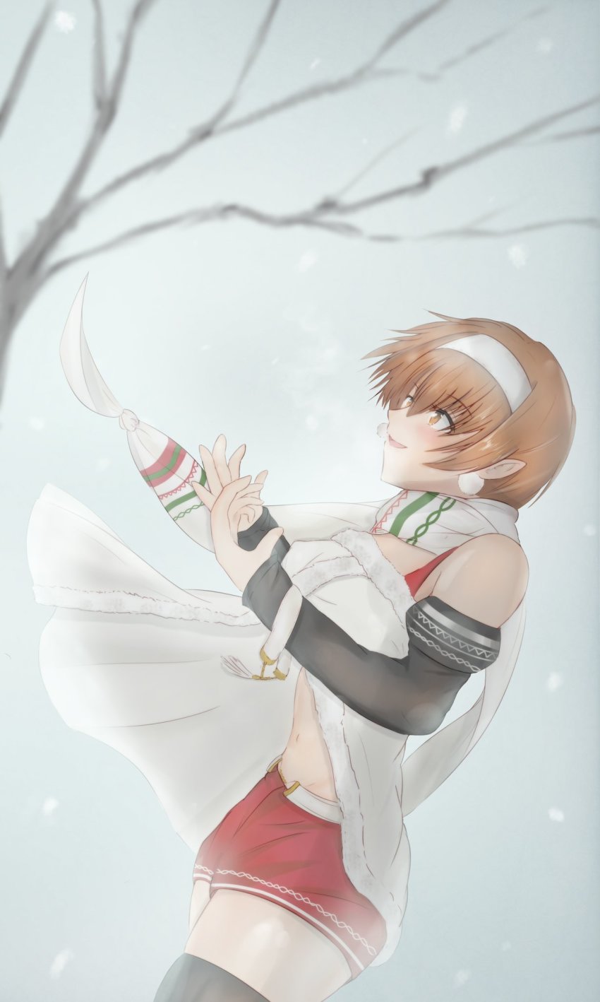 1girl ainu_clothes aquaplus belt bracelet branch breasts brown_eyes brown_hair coat covered_erect_nipples cowboy_shot dress earrings from_side hair_between_eyes hairband highres jewelry kashiwagi_azusa kizuato large_breasts long_sleeves looking_up midriff musyokusunege nose open_clothes open_coat open_dress open_mouth outdoors pointy_ears raised_eyebrows scarf short_hair shorts sidelocks sleeveless snow snowing solo thick_thighs thighhighs thighs tree utawarerumono utawarerumono:_lost_flag winter_clothes winter_coat