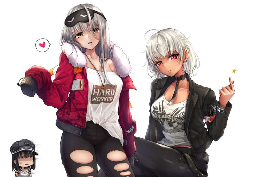 3girls black_mask black_pants breasts chibi cleavage clothes_writing commander_(nikke) frima_(nikke) goddess_of_victory:_nikke green_eyes grey_hair highres large_breasts long_hair looking_at_viewer mask_pull milk_(nikke) mini_dang01 multiple_girls off_shoulder pants pillow shirt sleep_mask sugar_(nikke) torn_clothes torn_pants white_shirt