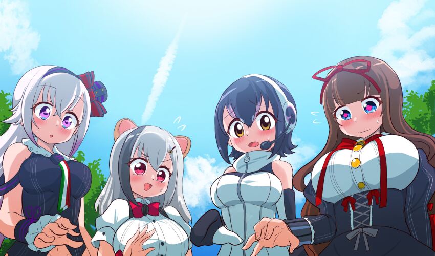 .live 4girls absurdres animal_ears black_hair blue_sky bow bowtie brown_hair carro_pino closed_mouth dress elbow_gloves extra_ears gloves grey_hair highres humboldt_penguin_(kemono_friends) indie_virtual_youtuber kakyouin_chieri kemono_friends kemono_friends_v_project kirara_mimi long_hair microphone multiple_girls open_mouth purple_hair ribbon rikuton shirt short_hair sky sleeveless virtual_youtuber