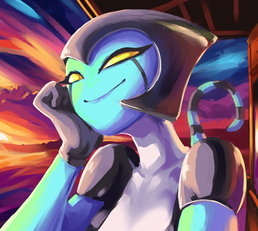 1girl absurdres alien ben_10 commentary_request genderswap genderswap_(mtf) head_rest highres portrait smile solo spanish_commentary striped_tail tail vlizz xlr8 yellow_eyes