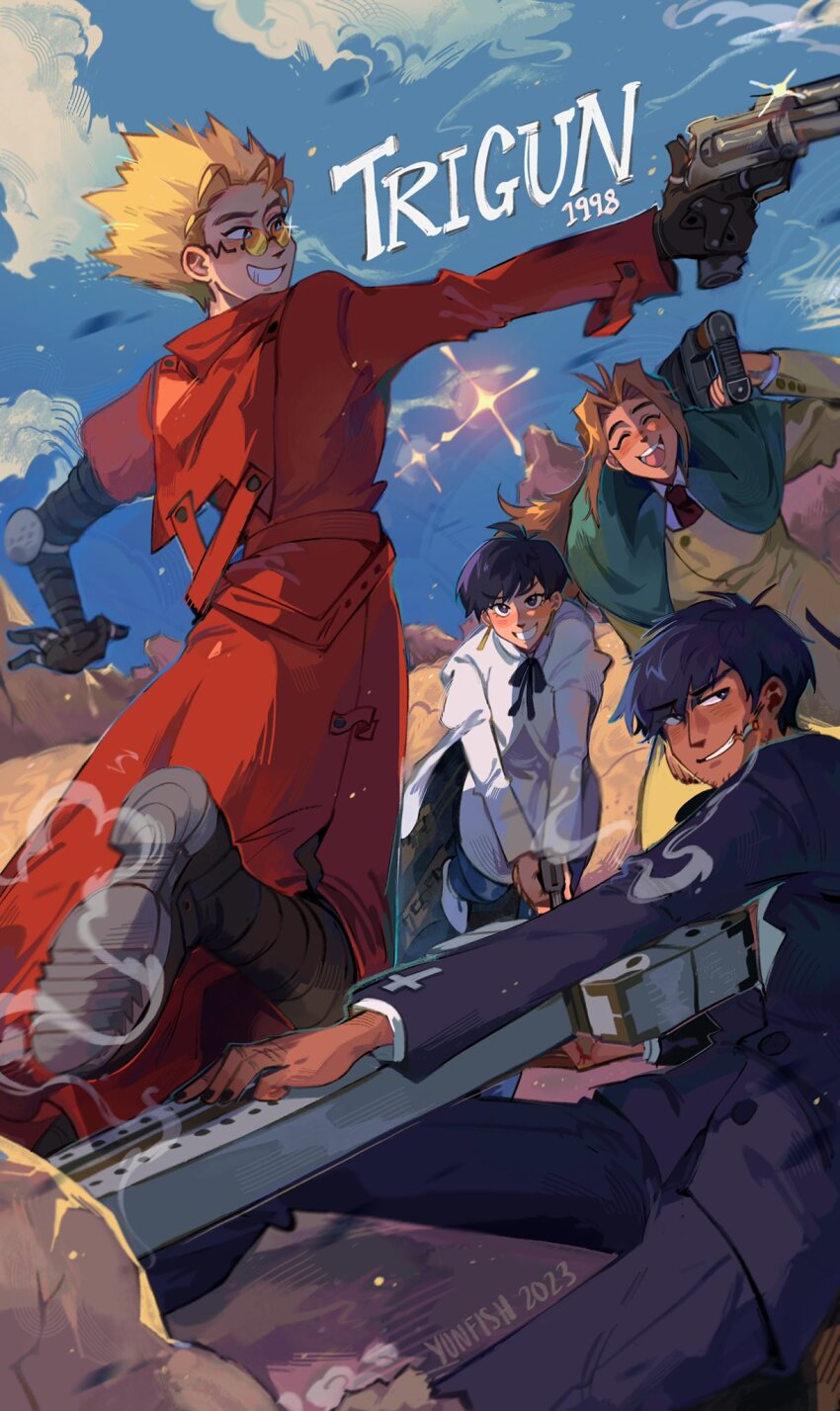 2boys 2girls agl_arms_.45_long_colt artist_name black_hair blonde_hair blue_sky boots break-action_revolver cigarette cloud cloudy_sky coat dated earrings gun handgun highres holding holding_gun holding_weapon jewelry low_bore_axis_revolver meryl_stryfe milly_thompson multiple_boys multiple_girls nicholas_d._wolfwood red_coat revolver short_hair sky sunglasses trigun vash_the_stampede weapon white_footwear yunfish
