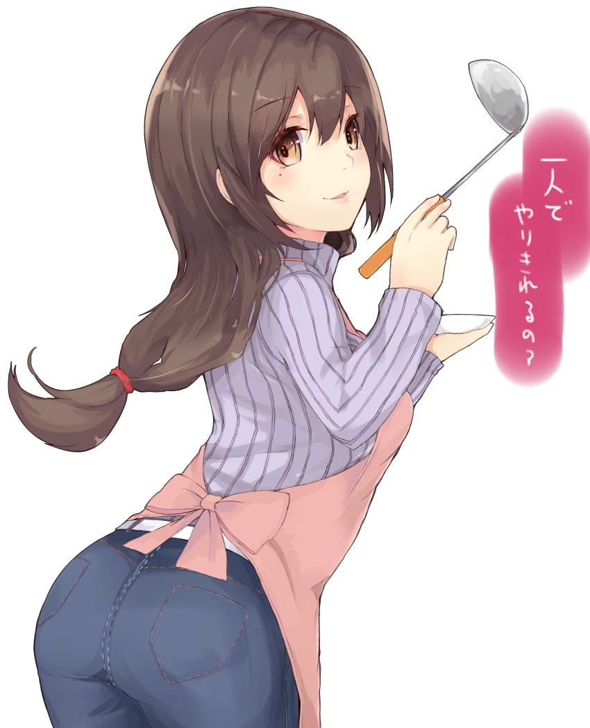 1girl absurdres apron ass belt blush bow brown_eyes brown_hair denim female_focus highres jeans kou_mashiro ladle long_hair looking_at_viewer low-tied_long_hair low_ponytail mole open_mouth pants plate ponytail ribbed_sweater shinken-zemi solo sweater tasting_plate turtleneck zemi_mama