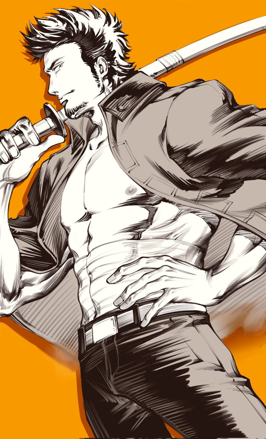 1boy abs bara bare_pectorals facial_hair gintama goatee_stubble hand_on_own_hip hashtag-only_commentary highres holding holding_sword holding_weapon jacket jacket_on_shoulders kondou_isao male_focus midriff_sarashi muscular muscular_male nipples oldkin orange_background over_shoulder pectorals profile sarashi sideburns solo stubble sword sword_over_shoulder weapon weapon_over_shoulder