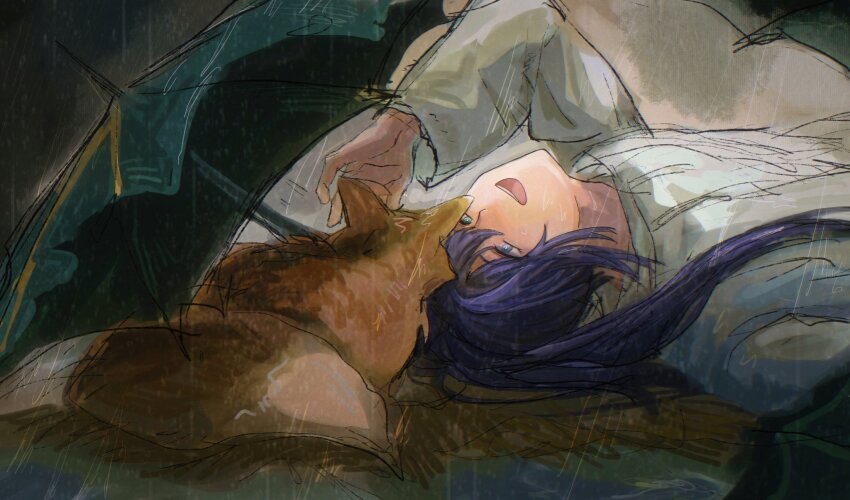 1boy blue_eyes blue_hair e.g.o_(project_moon) fox green_eyes heterochromia high_ponytail highres hong_lu_(project_moon) limbus_company lying messy_hair on_back on_ground open_mouth petting ponytail project_moon puddle rain raincoat sunshower_(e.g.o) umbrella white_raincoat yuanbuzhi