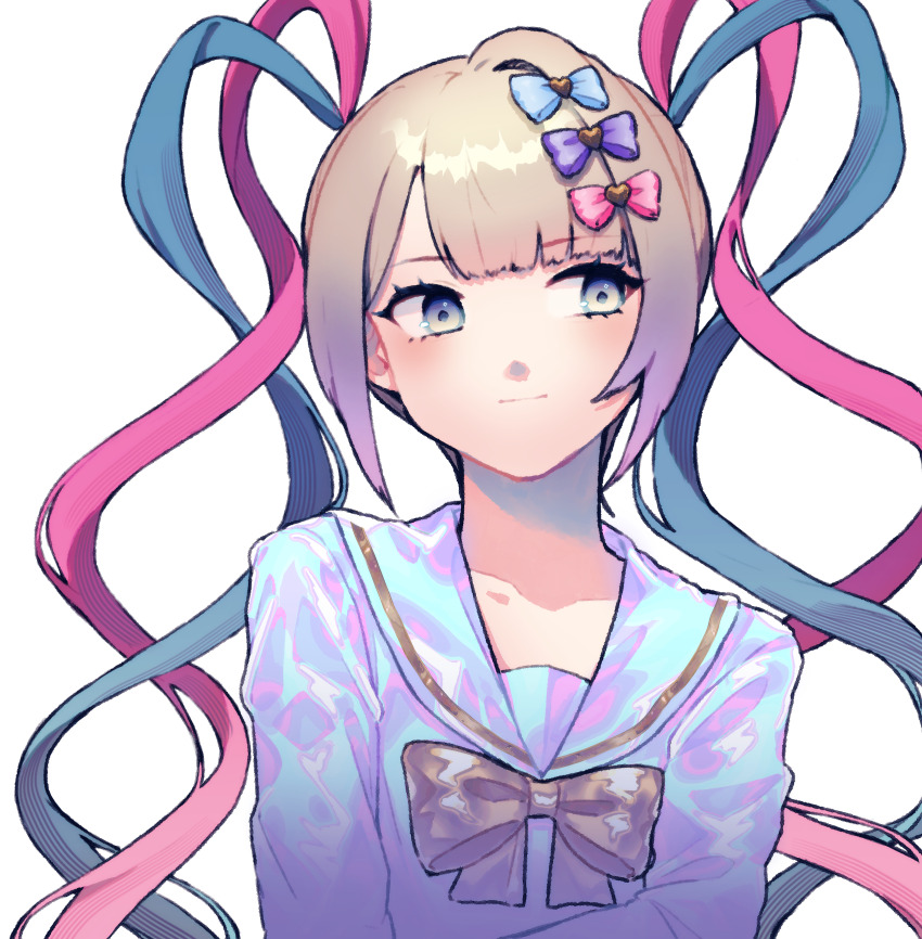 1girl absurdres blonde_hair blue_bow blue_eyes blue_hair blue_sailor_collar blue_shirt blunt_bangs bow chouzetsusaikawa_tenshi-chan closed_mouth commentary_request gradient_hair hair_bow hair_ornament heart heart_hair_ornament highres long_hair long_sleeves looking_to_the_side multicolored_hair needy_girl_overdose pink_bow pink_hair purple_bow purple_hair quad_tails sailor_collar shirt simple_background solo tsugumi_(dahlia_kusonemi) upper_body white_background yellow_bow