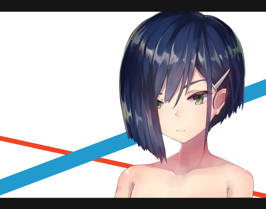 1girl asymmetrical_hair bare_shoulders blue_hair blue_stripes blunt_ends bob_cut close-up closed_mouth cloud collarbone commentary completely_nude darling_in_the_franxx expressionless green_eyes hair_ornament hair_over_one_eye hairclip ichigo_(darling_in_the_franxx) looking_afar looking_ahead looking_down nude out-of-frame_censoring portrait red_stripes shinonome_tsukasa short_hair single_sidelock solo swept_bangs white_background
