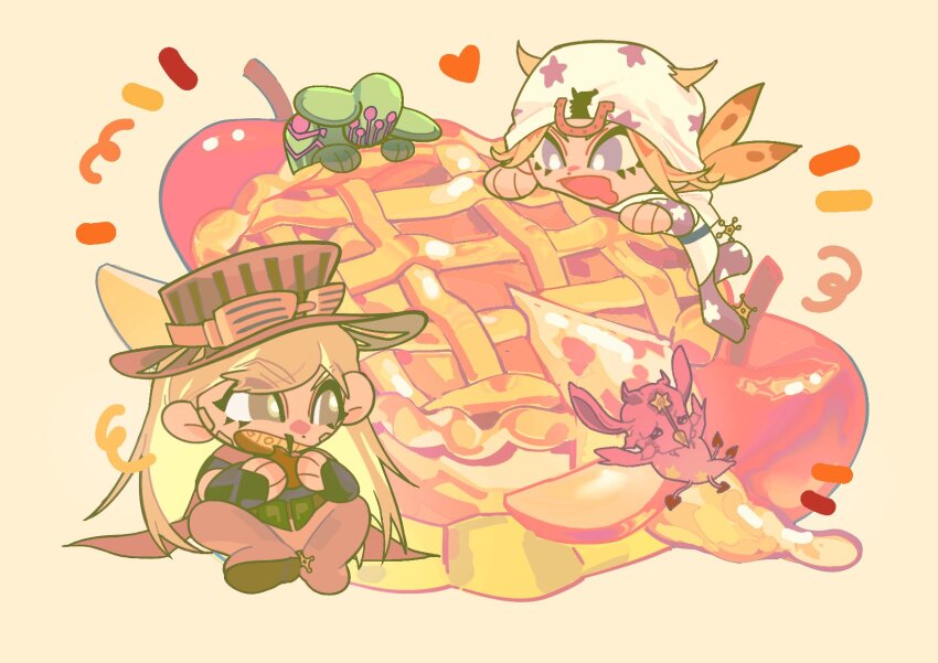 2boys 2others apple ball_breaker_(stand) beard belt_buckle blonde_hair blue_eyes bridal_gauntlets brown_cape buckle cape chibi chibi_only colored_skin commentary cowboy eating facial_hair feathers food fruit goggles goggles_on_headwear gold_teeth green_skin grey_eyes gyro_zeppeli hat heart highres holding holding_food holding_fruit horseshoe_hat_ornament horseshoe_ornament jiuyuejiuriyi johnny_joestar jojo_no_kimyou_na_bouken long_hair male_focus mini_person miniboy multiple_boys multiple_others open_mouth pie pink_eyes short_hair sitting stand_(jojo) star_(symbol) star_print steel_ball_run tusk_(stand) tusk_act1 western white_hat