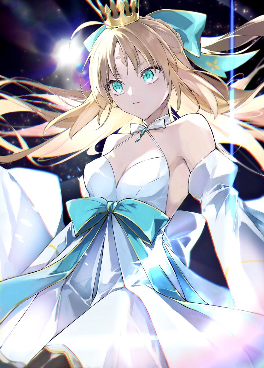 ahoge artoria_caster_(fate) artoria_caster_(swimsuit)_(fate) artoria_caster_(swimsuit_berserker)_(fate) artoria_pendragon_(fate) bare_shoulders black_pantyhose bow breasts closed_mouth crown dress fate/grand_order fate_(series) green_bow green_eyes green_ribbon hair_bow highres kino_kokko looking_at_viewer pantyhose ribbon shine small_breasts twintails white_dress
