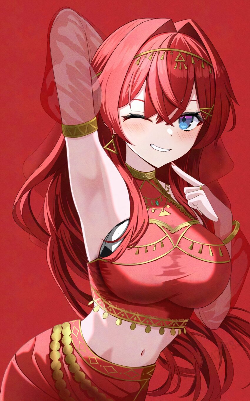 1girl ange_katrina arabian_clothes arm_behind_head arm_up armpits ball blue_eyes blush breast_padding bridal_gauntlets commentary_request cosplay cropped_shirt detached_sleeves diamond-shaped_pupils diamond_(shape) earrings finger_to_own_chin flat_chest_joke gold_earrings grin hair_between_eyes hair_intakes hair_over_shoulder halter_shirt halterneck hand_up head_chain highres jewelry long_hair looking_at_viewer midriff multicolored_eyes n/p_(xrey2588) nail_polish navel nijisanji official_alternate_costume one_eye_closed pink_bridal_gauntlets pink_nails purple_eyes red_background red_hair red_skirt red_sleeves see-through_clothes see-through_sleeves shirt simple_background skirt sleeveless sleeveless_shirt smile soccer_ball solo symbol-shaped_pupils triangle_earrings upper_body very_long_hair virtual_youtuber
