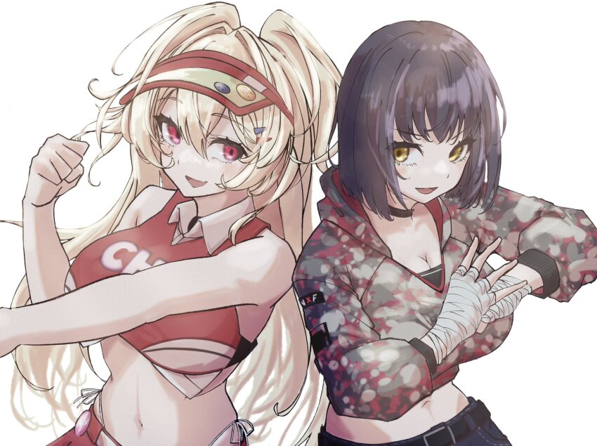 2girls :d bandaged_hand bandages black_choker black_shorts black_sports_bra blonde_hair breasts cheerleader choker clay_(nikke) cleavage crop_top cropped_jacket eri_aki0827 fang fighting_stance goddess_of_victory:_nikke hair_intakes hair_ornament hairclip highres jacket large_breasts light_blush long_hair midriff milk_(extreme_fighter)_(nikke) milk_(nikke) multicolored_jacket multiple_girls navel open_mouth pink_eyes purple_hair red_shirt red_skirt shirt short_hair shorts skin_fang skirt smile sports_bra twintails two-tone_shirt two-tone_skirt visor_cap yellow_eyes