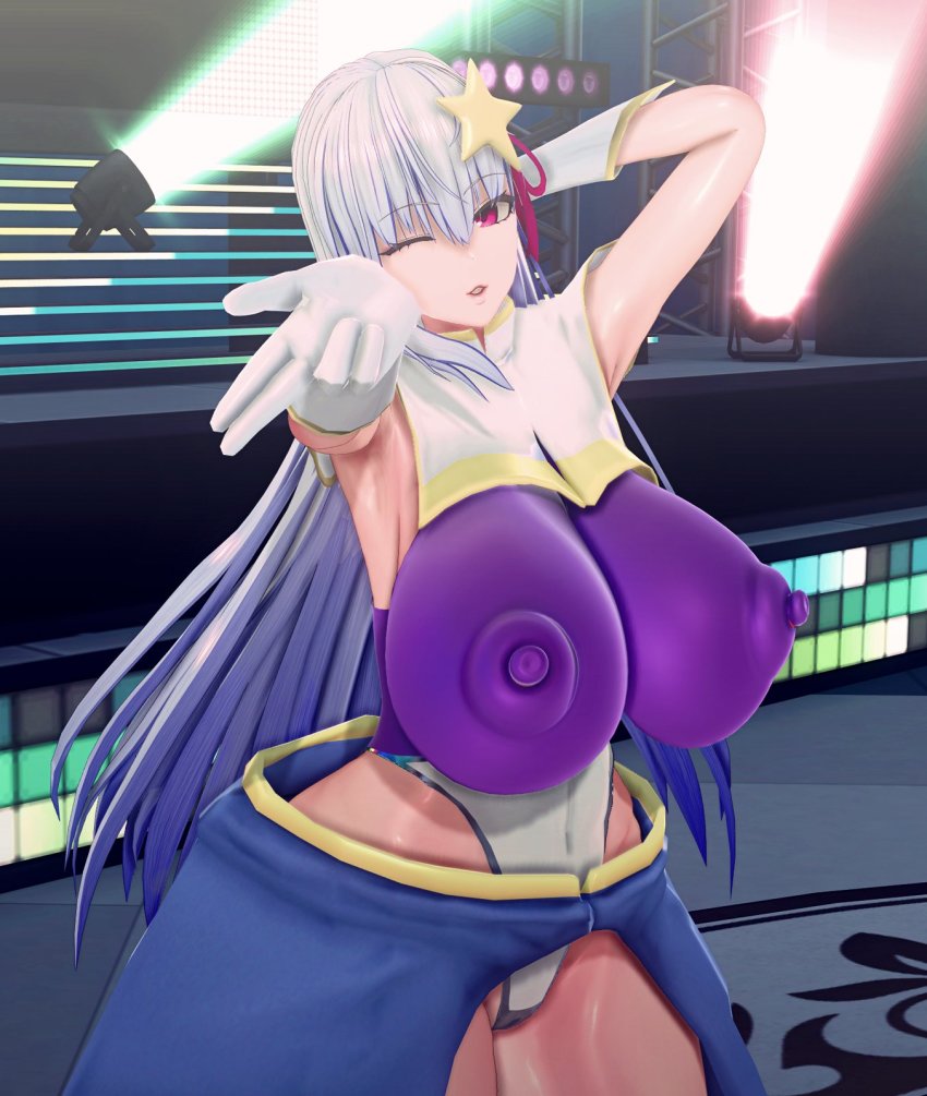 1girl 3d arm_behind_head highres idol long_hair looking_at_viewer one_eye_closed red_eyes solo stage stage_lights star_ornament swimsuit white_hair