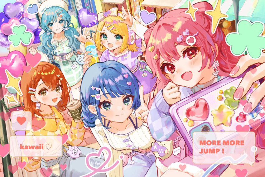 5girls :d aqua_hair balloon blonde_hair blue_eyes bow bow_hairband braid brown_eyes brown_hair cellphone closed_mouth clover commentary_request crossed_bangs denim double-parted_bangs double_bun dress fang fingernails green_dress hair_bow hair_bun hair_ornament hairband hanasato_minori hands_up hatsune_miku heart heart_balloon heart_hair_ornament highres holding holding_phone jeans kagamine_rin kiritani_haruka long_hair long_sleeves looking_at_viewer medium_hair momoi_airi multiple_girls open_mouth pants phone pink_hair pink_nails project_sekai purple_shirt shirt short_dress short_hair short_sleeves side_part skin_fang smartphone smile star_(symbol) white_shirt yuyuharu_1027