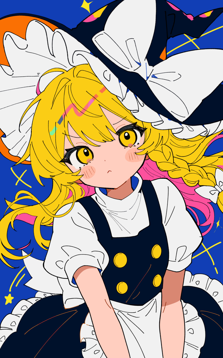 1girl :&lt; absurdres apron black_skirt black_vest blonde_hair blue_background blush braid closed_mouth frills hair_between_eyes hair_ribbon hat highres kirisame_marisa looking_at_viewer ribbon rotoi_1234 shirt short_sleeves skirt solo star_(symbol) touhou vest white_shirt witch_hat yellow_eyes