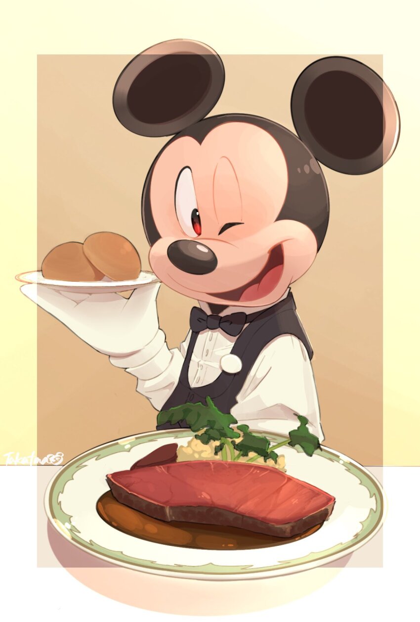 1boy alternate_costume animal_ears colored_eyelashes food gloves highres looking_at_viewer meat mickey_mouse mickey_mouse_&amp;_friends mouse_boy plate shirt short_hair smile solo tagme takatmaorange
