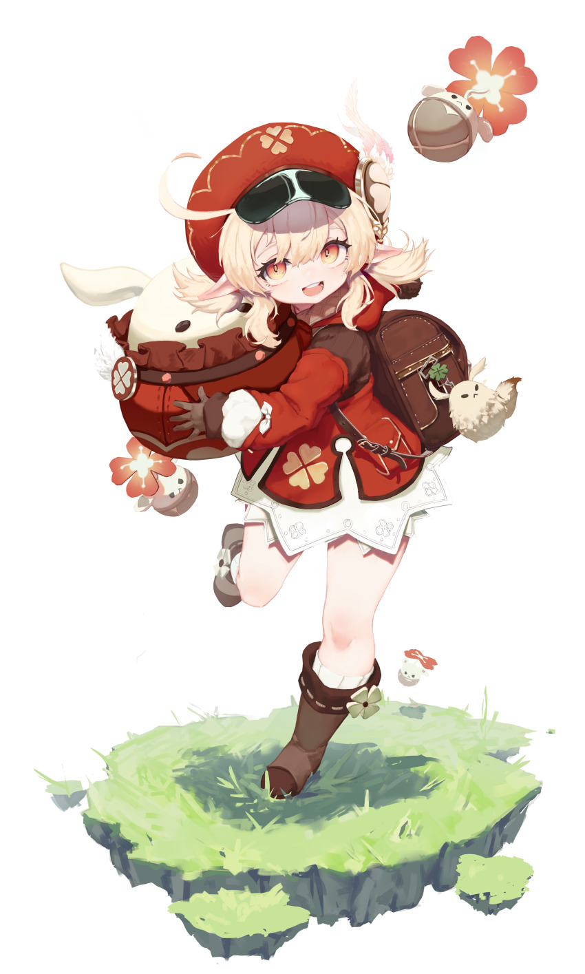1girl absurdres ahoge backpack bag boots brown_boots dress feathers full_body genshin_impact greentree hair_between_eyes hat hat_feather highres klee_(genshin_impact) knee_boots long_hair long_sleeves looking_at_viewer low_twintails open_mouth red_dress red_eyes red_hat smile solo twintails white_feathers white_legwear