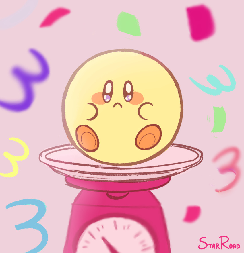artist_name blush_stickers colored_skin confetti full_body highres kirby kirby&#039;s_dream_buffet kirby_(series) nintendo no_humans pink_background sad signature solid_oval_eyes solo starroad twitter_username weighing_scale yellow_skin