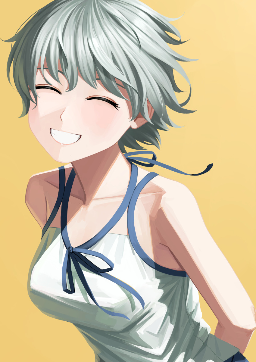 1girl absurdres blue_ribbon closed_eyes grey_hair grin highres monogatari_(series) nemo_ringo oikura_sodachi ribbon shirt short_hair simple_background smile solo teeth white_shirt yellow_background zoku_owarimonogatari