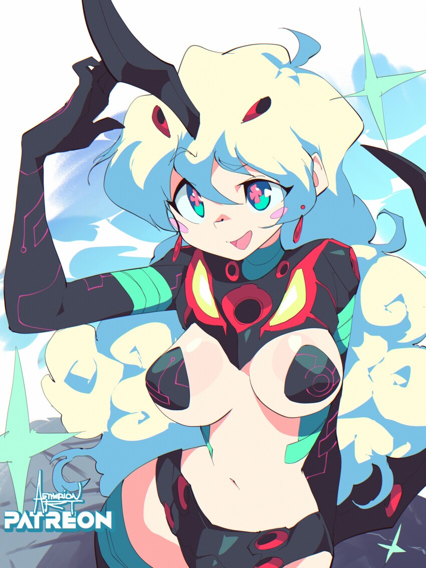 1girl absurdres aetherion blue_eyes breasts cosplay flower-shaped_pupils highres lazengann lazengann_(cosplay) long_hair medium_breasts nia_teppelin solo sparkle symbol-shaped_pupils tengen_toppa_gurren_lagann