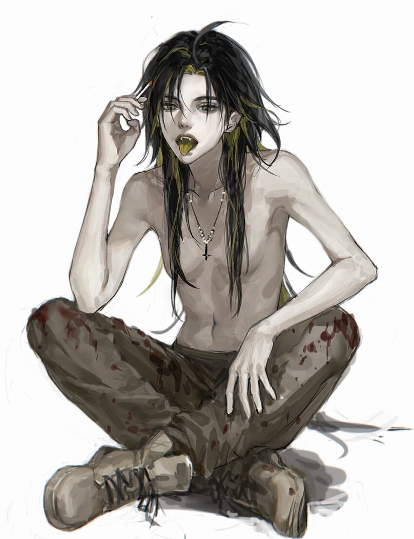 1other black_hair blood boots brown_boots copyright_request gradient_hair green_hair highres jewelry kny_yy long_hair multicolored_hair navel neck_ring pants smoke solo tagme tongue tongue_out topless_female topless_other