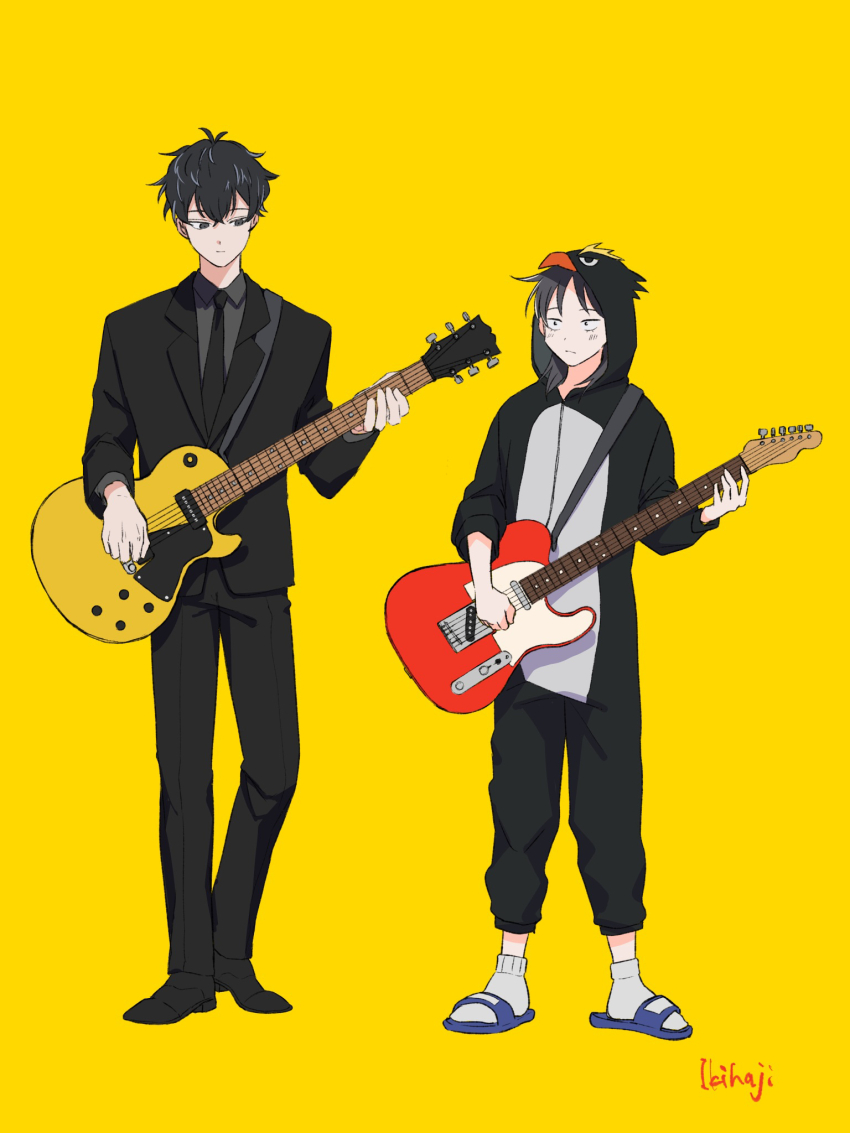 1boy 1girl :| animal_costume animal_hood artist_name black_eyes black_hair black_jacket black_necktie black_pants black_suit blue_sandals closed_mouth collared_shirt commentary cosplay dress_shirt electric_guitar fender_telecaster formal_clothes full_body futsuu_no_keion-bu gibson_les_paul grey_shirt guitar guitar_strap hatono_chihiro height_difference highres holding holding_guitar holding_instrument hood hood_up ikihaji instrument jacket kigurumi lapels long_sleeves mizuo_haruichi necktie notched_lapels official_alternate_costume pants penguin_costume penguin_hood sandals shirt side-by-side simple_background slides socks standing suit suit_jacket white_socks yellow_background