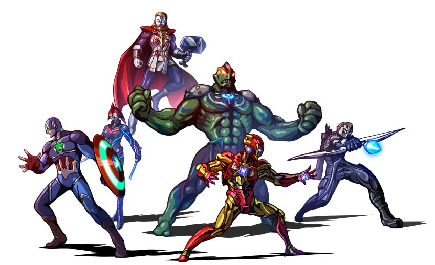 1girl 5boys armor arrow_(projectile) avengers_(series) beard black_widow blonde_hair blue_bodysuit blue_eyes bodysuit bow_(weapon) breasts cape captain_america color_timer colored_skin crossover ear_protection facial_hair fusion giant gloves glowing glowing_eyes green_skin hammer hawkeye_(marvel) highres holding horns hulk iron_man iron_man_(series) kuroda_asaki long_hair marvel mask mjolnir_(marvel) multiple_boys muscular red_armor red_cape shield star_(symbol) superhero_costume the_ultraman_(anime) thor_(marvel) ultra_series ultraman_joneus ultraman_king ultraman_leo_(series) ultraman_nexus ultraman_nexus_(series) ultraman_nexus_junis_black ultraman_orb ultraman_orb_(series) ultraman_orb_(thunder_breastar) ultraman_x ultraman_x_(series) ultraseven ultraseven_(series) weapon white_background yellow_eyes