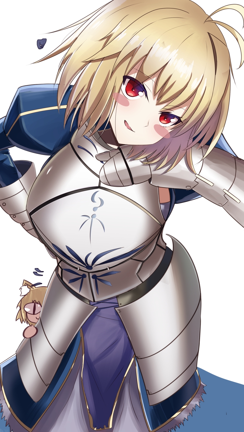 &lt;|&gt;_&lt;|&gt; 2girls :3 absurdres ahoge animal_ears antenna_hair arcueid_brunestud armor armored_dress artoria_pendragon_(fate) blonde_hair braid cat_ears cat_girl cat_tail chibi commentary cosplay crossover dress english_commentary fate/stay_night fate_(series) gauntlets hair_intakes highres melty_blood multiple_girls neco-arc neco_spirit purple_skirt red_eyes saber_(fate) saber_(fate)_(cosplay) self-upload shokobr single_hair_intake skirt sweater tail takeuchi_takashi_(style) tsukihime tsukihime_(remake) turtleneck type-moon white_sweater
