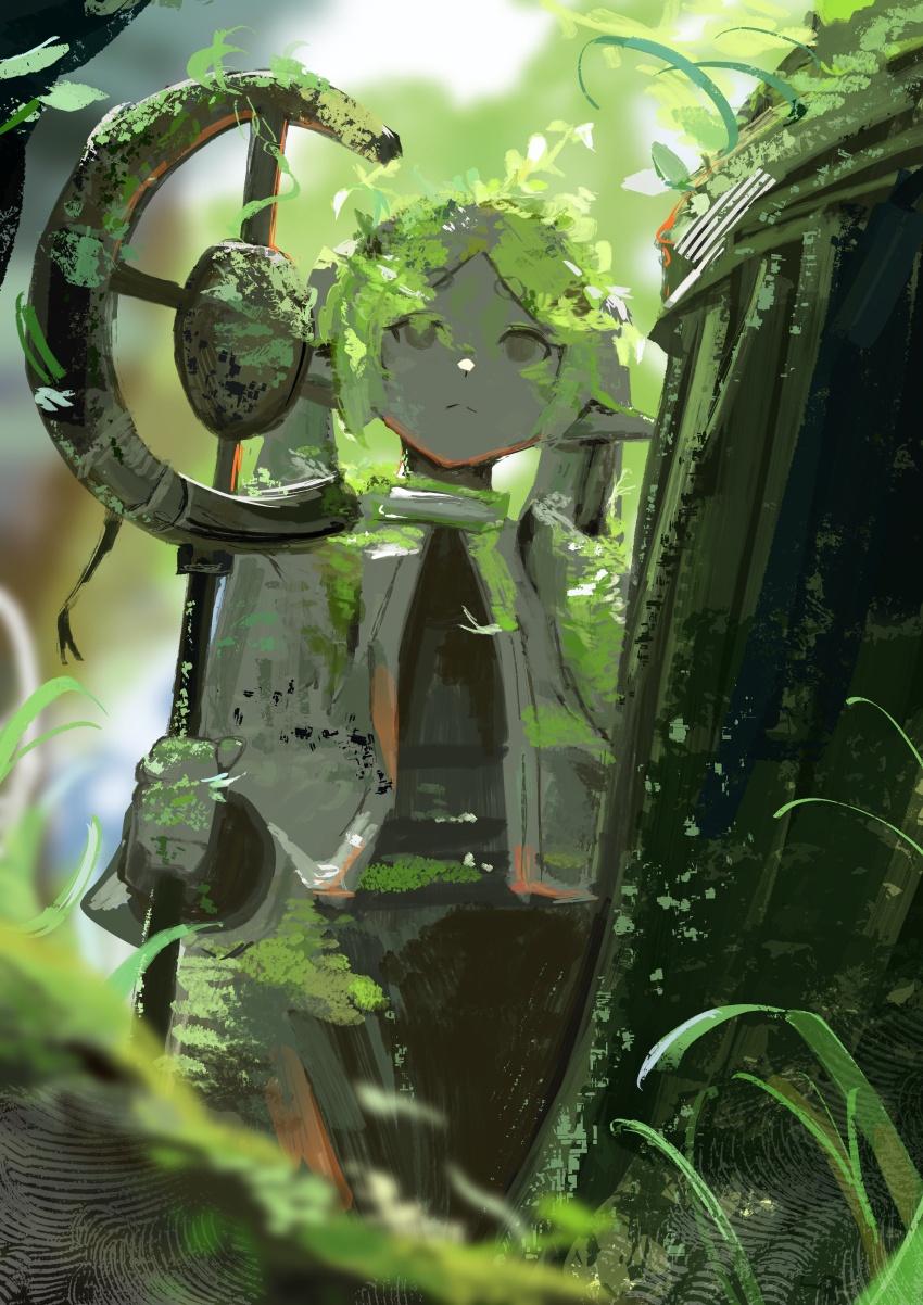 1girl absurdres backlighting blurry blurry_background blurry_foreground commentary_request cowboy_shot depth_of_field dot_nose expressionless frieren grass highres holding holding_staff koukouya leaf mage_staff nature outdoors overgrown solo sousou_no_frieren staff statue
