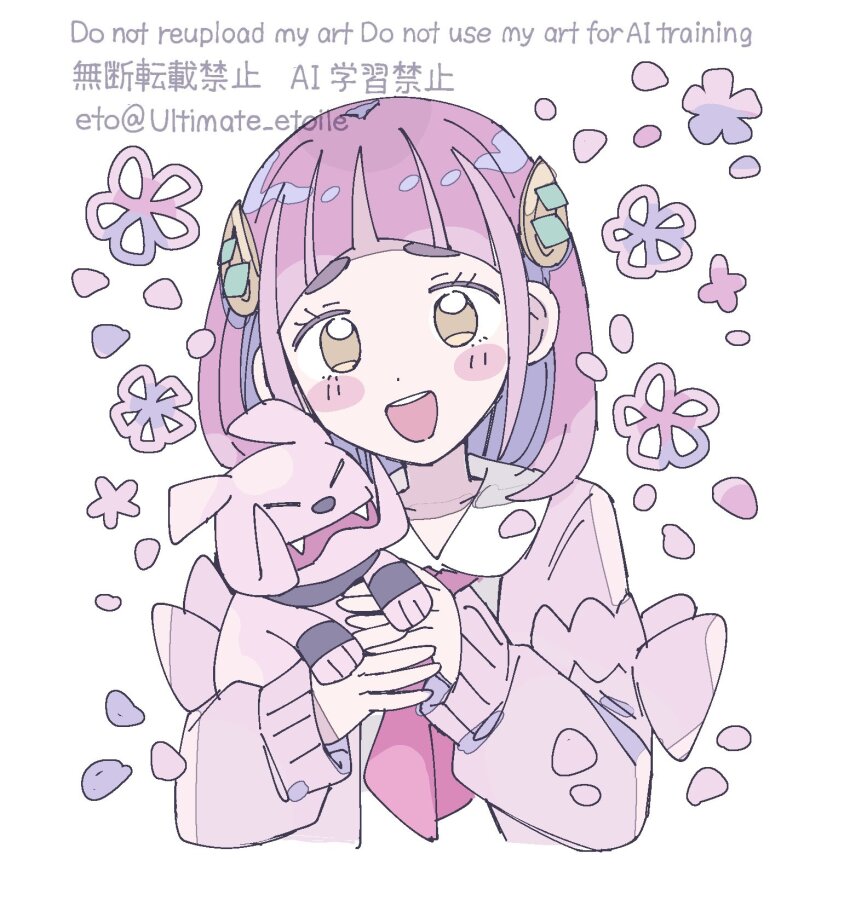 1girl :d arched_bangs blush_stickers cardigan fangs gen_2_pokemon granbull hair_ornament hairclip highres holding holding_pokemon lacey_(pokemon) long_sleeves looking_at_viewer neckerchief nintendo open_cardigan open_clothes open_mouth pink_cardigan pink_fur pink_hair pokemon pokemon_(creature) pokemon_sv red_neckerchief remoooon shirt short_hair simple_background smile upper_body white_background white_shirt yellow_eyes