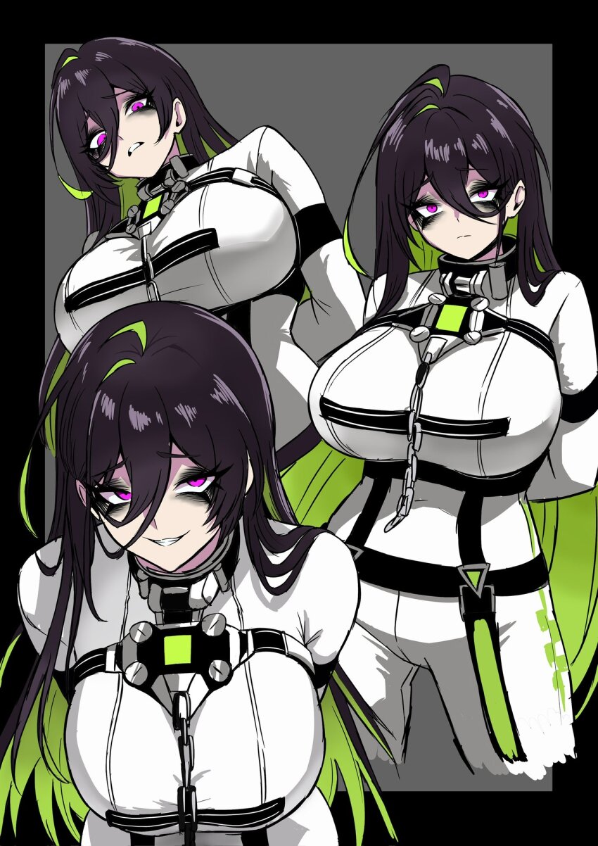 1girl black_hair bodysuit bound bound_arms breasts brown_hair chain chain_leash cleavage colored_inner_hair cuffs goddess_of_victory:_nikke green_hair green_streaks guilty_(nikke) hair_between_eyes hair_ornament highres huge_breasts large_breasts leash long_hair looking_at_viewer multicolored_hair multiple_persona nagainegi prison_clothes purple_eyes restraints shackles solo straitjacket tattoo two-tone_hair very_long_hair white_bodysuit wrist_tattoo