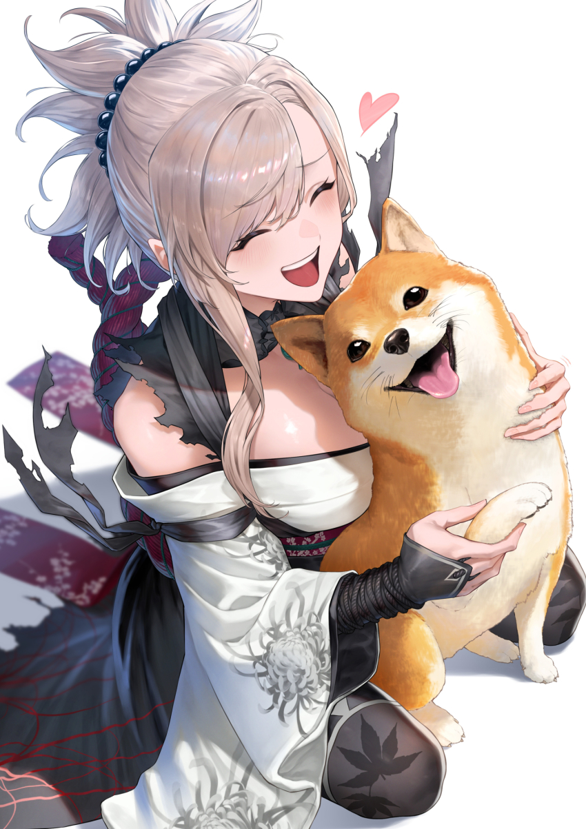 1girl animal bare_shoulders blush chrysanthemum_print closed_eyes commentary_request dog facing_animal fate/samurai_remnant fate_(series) floral_print grey_hair grey_kimono highres holding holding_animal japanese_clothes jewelry kimono kouhaku_nawa magatama magatama_necklace miyamoto_musashi_(fate) miyamoto_musashi_(woman_of_niten_ichiryuu)_(fate) mugetsu2501 necklace off_shoulder open_mouth parted_bangs pearl_hair_ornament print_kimono rope shiba_inu shimenawa smile spider_lily_print tongue tongue_out