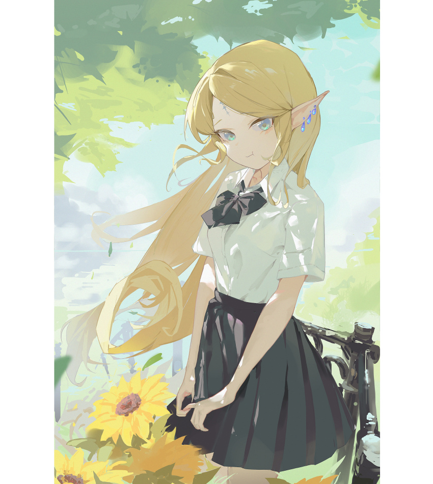 1girl absurdres black_bow black_bowtie black_dress blonde_hair blue_eyes bow bowtie cartethyia_(wuthering_waves) chinese_commentary closed_mouth commentary_request dress earrings flower highres jewelry long_hair looking_at_viewer pleated_skirt pointy_ears shirt sketch skirt solo sunflower very_long_hair white_shirt wturnip wuthering_waves