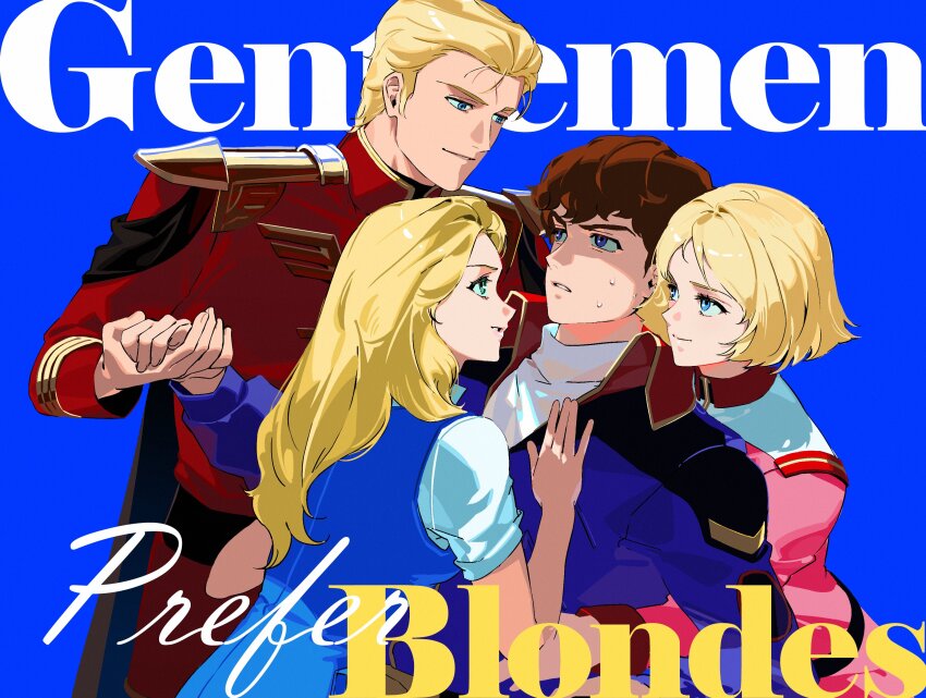 2boys 2girls amuro_ray beltorchika_irma bisexual_male blonde_hair blue_eyes brother_and_sister char&#039;s_counterattack char_aznable color_connection dnwn_stone earth_federation english_text eye_contact gentlemen_prefer_blondes gundam hair_color_connection harem highres holding_hands looking_at_another military_uniform mobile_suit_gundam multiple_boys multiple_girls neo_zeon nervous_sweating sayla_mass siblings smile sweat trait_connection