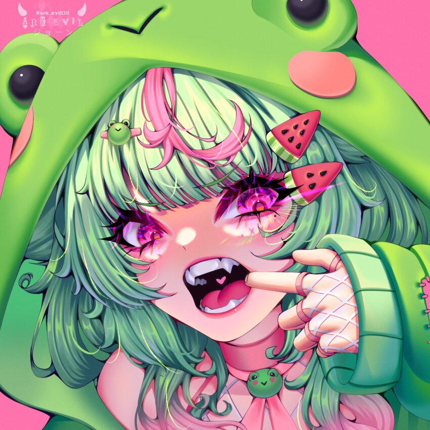 1girl animal_hood ark_evil02 choker commentary english_commentary fishnet_gloves fishnets food-themed_hair_ornament frog_hood gloves green_hair green_jacket hair_ornament highres hood hooded_jacket indie_virtual_youtuber jacket long_sleeves melonminty_(vtuber) mole mole_under_eye mouth_pull open_mouth pink_choker pink_eyes pink_hair portrait second-party_source sleeves_past_wrists smile solo virtual_youtuber watermark watermelon_hair_ornament