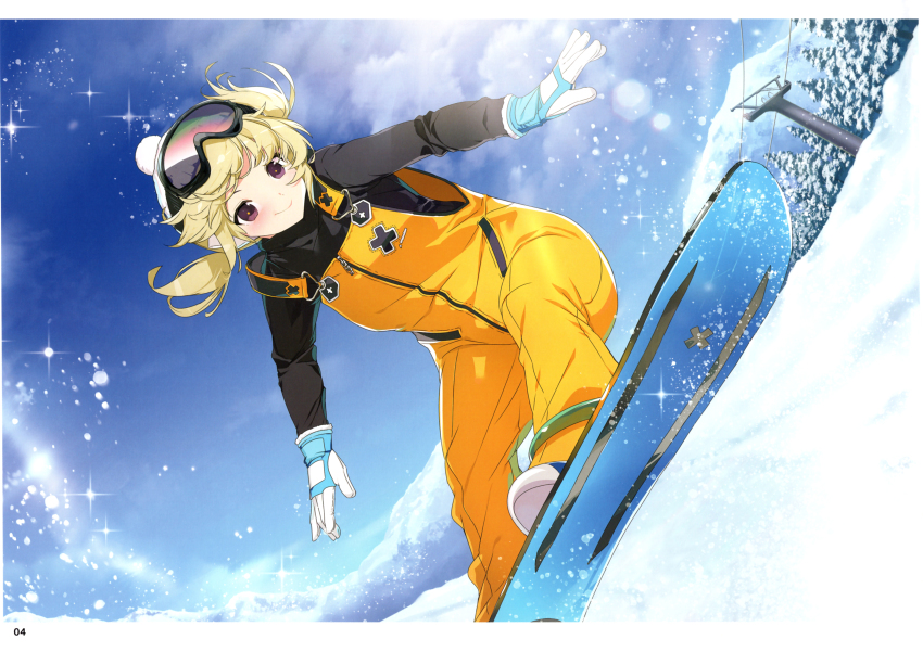 1girl absurdres beanie black_shirt blonde_hair blue_gloves blush breasts closed_mouth comiket_105 gloves goggles goggles_on_head hat highres kafuru_(senran_kagura) long_sleeves low_twintails magazine_scan medium_breasts medium_hair official_art orange_overalls overalls purple_eyes scan senran_kagura senran_kagura_new_link shirt ski_goggles ski_lift smile snow snowboard snowboarding solo twintails two-tone_gloves white_gloves winter winter_clothes yaegashi_nan yellow_pupils