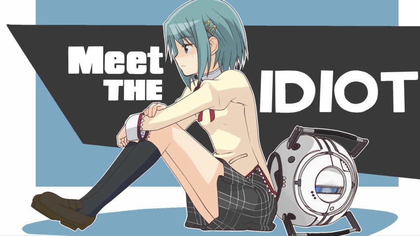 1girl black_socks blue_eyes blue_hair crossover english_text female_focus hair_ornament hairclip hangaku highres kneehighs mahou_shoujo_madoka_magica mahou_shoujo_madoka_magica_(anime) matching_hair/eyes meet_the_team miki_sayaka parody portal portal_(series) portal_1 portal_2 profile school_uniform short_hair sitting socks solo team_fortress_2 valve wheatley