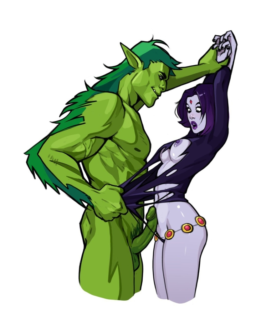 1boy 1girl arms_up beast_boy_(dc) belly_chain black_eyes black_leotard black_nails breasts clothed_female_nude_male colored_pubic_hair colored_skin cropped_legs dc_comics erection forehead_jewel green_hair green_skin grey_skin hetero highres jewelry leotard looking_at_another looking_down male_pubic_hair medium_breasts muscular muscular_male navel nipples nude olena_minko open_mouth penis pointy_ears pubic_hair purple_hair purple_lips raven_(dc) short_hair simple_background sleeved_leotard tearing_clothes teen_titans teeth testicles torn_clothes upper_teeth_only white_background