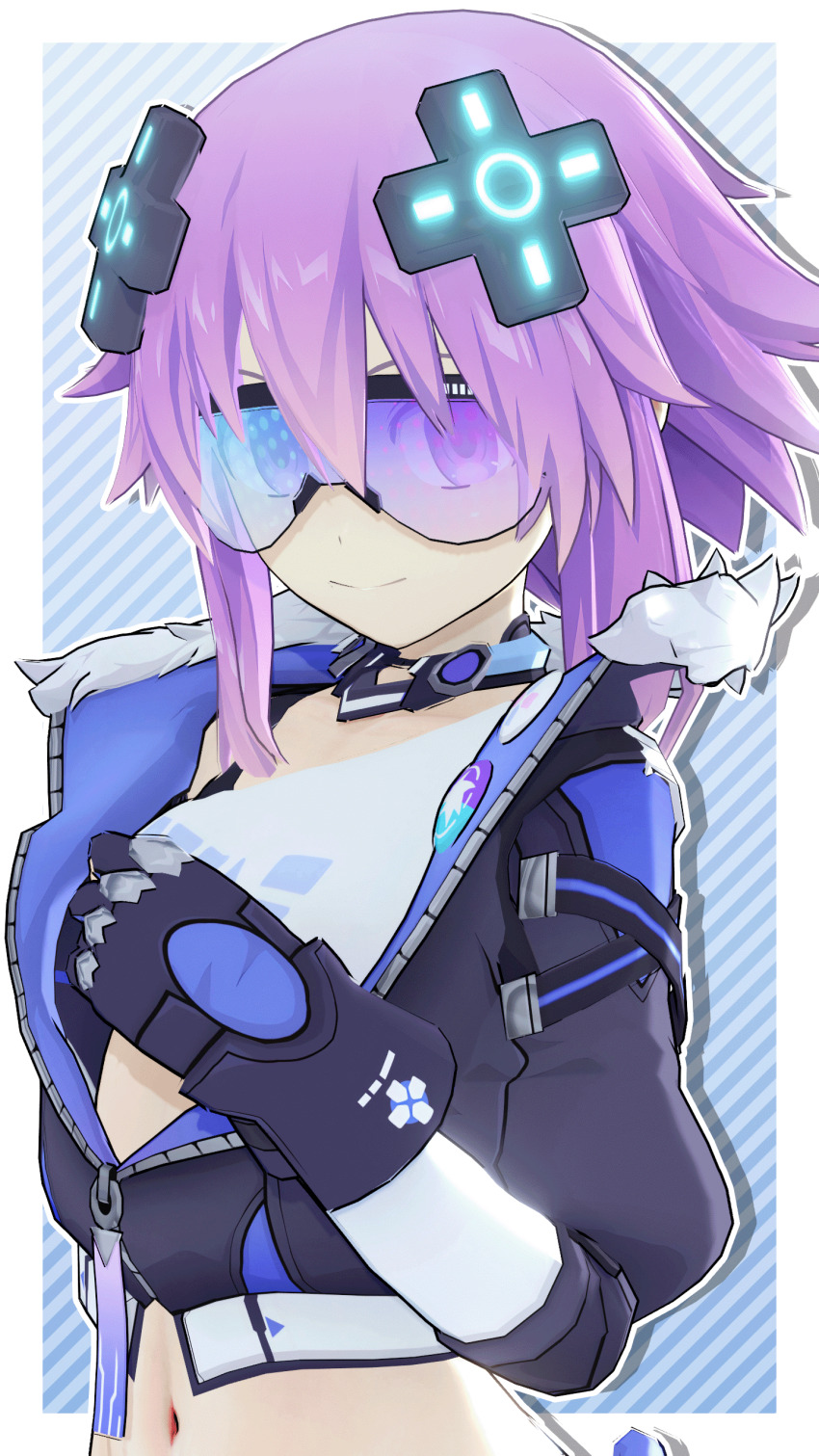 1girl absurdres black_gloves black_jacket choujigen_game_neptune cosplay d-pad d-pad_hair_ornament fingerless_gloves fur-trimmed_jacket fur_trim gloves goggles gumdrifter hair_ornament highres honkai:_star_rail honkai_(series) jacket koikatsu koikatsu_(medium) melissa_fahn navel neptune_(neptunia) neptune_(series) purple_eyes purple_hair shirt short_hair silver_wolf_(honkai:_star_rail) silver_wolf_(honkai:_star_rail)_(cosplay) smile stellaron_hunters_(honkai:_star_rail) tinted_eyewear voice_actor_connection white_shirt