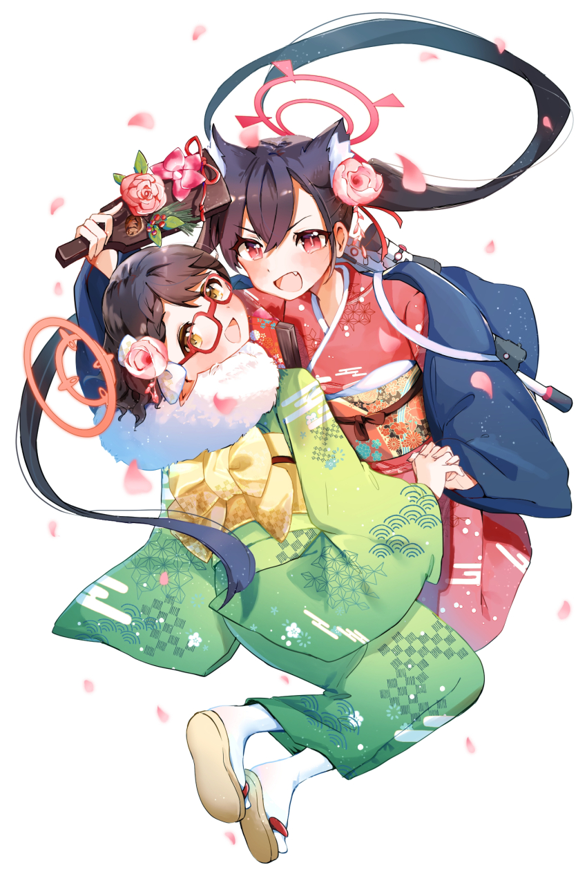 2girls alternate_costume animal_ear_fluff animal_ears assault_rifle ayane_(blue_archive) azisai beretta_ar70/90 black_hair blue_archive blush cat_ears cherry_blossoms fang flower glasses green_kimono gun hagoita hair_flower hair_ornament halo haori highres holding holding_hands holding_paddle interlocked_fingers japanese_clothes kimono long_hair looking_at_viewer looking_back multiple_girls new_year obi open_mouth paddle petals pointy_ears red-framed_eyewear red_eyes red_kimono rifle sandals sash serika_(blue_archive) short_hair simple_background slit_pupils smile socks twintails v-shaped_eyebrows weapon white_background white_socks wide_sleeves yellow_eyes yukata zouri