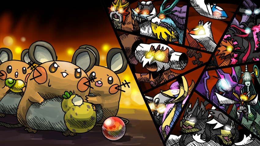 6+others animal_ears animal_focus berry_(pokemon) brown_fur celesteela claws colored_skin cresselia dedenne dragalge entei fangs galarian_articuno galarian_form galarian_moltres galarian_zapdos gen_2_pokemon gen_3_pokemon gen_4_pokemon gen_5_pokemon gen_6_pokemon gen_7_pokemon gen_8_pokemon glowing glowing_eyes heatran highres kartana landorus landorus_(therian) latias latios legendary_pokemon mouse_ears multicolored_skin multiple_boys multiple_girls multiple_others naganadel nintendo no_humans pokemon pokemon_(creature) purple_hair raikou satsuki_(pixiv44579273) sharp_teeth simple_background sitrus_berry sitting size_difference suicune tail teeth two-tone_skin ultra_beast upper_teeth_only urshifu urshifu_(rapid) urshifu_(single) white_skin