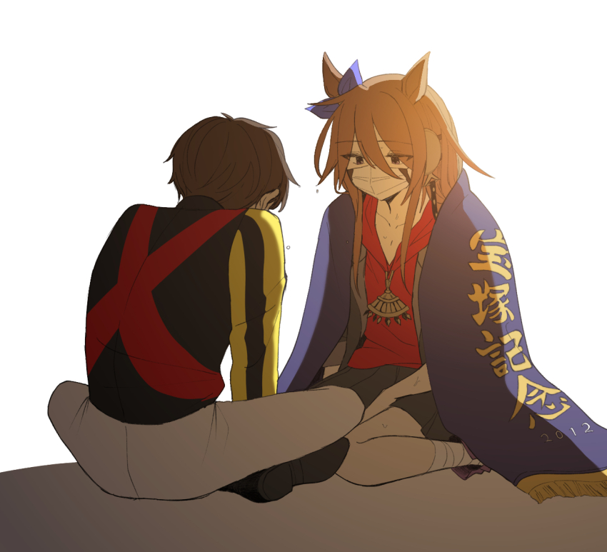1boy 1girl animal_ears bandaged_leg bandages bow bowtie brown_hair commentary_request ear_bow hair_between_eyes highres hood hood_down hoodie horse_ears horse_girl ikezoe_ken&#039;ichi jacket long_hair long_sleeves mask messy_hair mouth_mask orange_hair orfevre_(old_design)_(umamusume) poteo_(poteo_mot) purple_eyes real_life red_hoodie shirt short_hair sitting umamusume