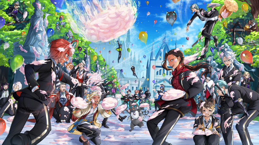 absurdres ace_trappola ashton_vargas azul_ashengrotto blue_sky cater_diamond creature day deuce_spade dire_crowley disney epel_felmier floyd_leech food_fight grim_(twisted_wonderland) hades_(disney) hercules_(1997_film) highres icing idia_shroud jack_howl jade_leech jamil_viper kalim_al-asim leona_kingscholar lilia_vanrouge malleus_draconia mitsunari_miyako mozus_trein night_raven_college_uniform ortho_shroud outdoors riddle_rosehearts rook_hunt ruggie_bucchi sam_(twisted_wonderland) school_uniform sebek_zigvolt silver_vanrouge sky statue stone_floor trey_clover twisted_wonderland vil_schoenheit yuu_(twisted_wonderland)