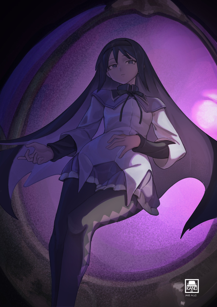 1girl absurdres akemi_homura akemi_homura_(magical_girl) argyle_clothes argyle_pantyhose artist_logo black_hair commentary expressionless frilled_skirt frills highres kano33 logo long_hair looking_at_viewer mahou_shoujo_madoka_magica mahou_shoujo_madoka_magica_(anime) pantyhose purple_skirt skirt solo soul_gem very_long_hair