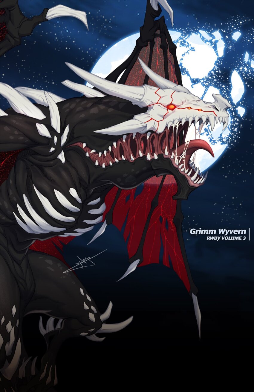 black_skin broken_moon character_name claws colored_skin commentary copyright_name dragon dragon_wings english_commentary grimm_(rwby) grimm_wyvern highres horns monster moon night night_sky no_humans official_art open_mouth red_eyes rwby saliva sharp_teeth signature sky solo star_(sky) teeth tongue uyalago wings